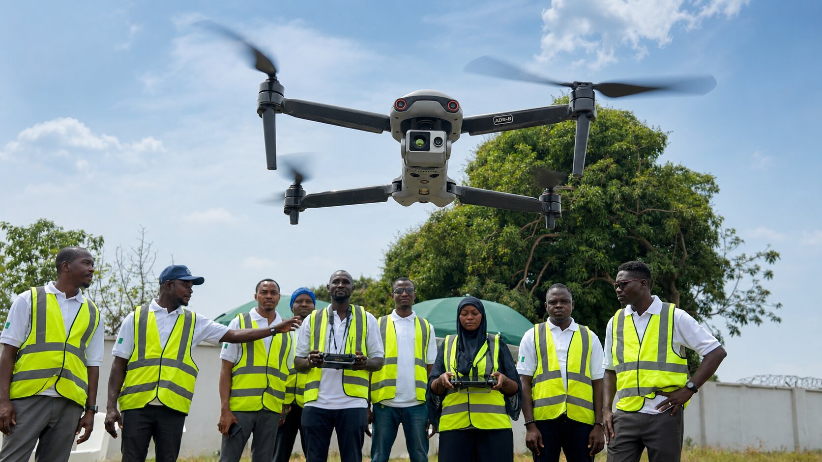 Group of drone pilot trainees in outdoor field training session with UAVs