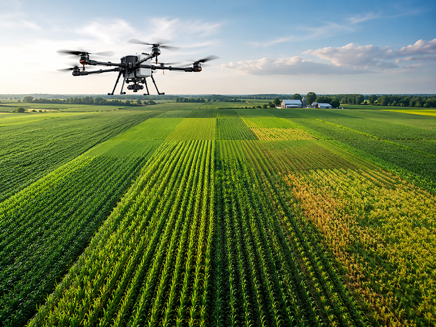 Aerial view of green farmland showing crop rows for multispectral survey and monitoring