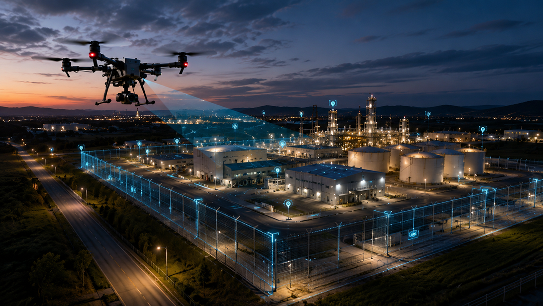 Night aerial surveillance view showing security monitoring of critical infrastructure perimeter